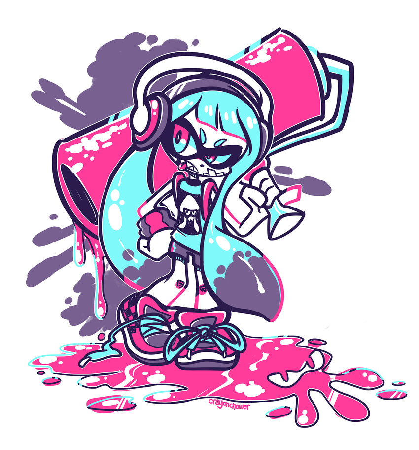 1girl crayon-chewer headphones highres inkling long_hair nintendo paint_roller roller solo splatoon spot_color tentacle_hair tongue twintails