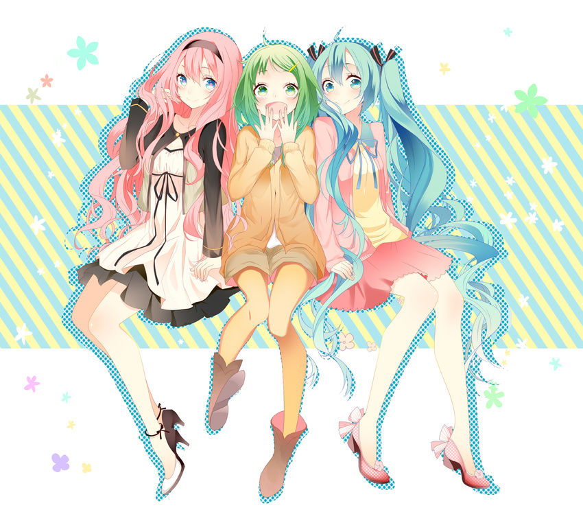 ahoge alternate_costume aqua_eyes aqua_hair blue_eyes dress green_eyes green_hair gumi hair_ornament hair_ribbon hairband hairclip hatsune_miku high_heels highres long_hair megurine_luka multiple_girls open_mouth pantyhose pink_hair ribbon shorts sitting skirt smile temari_(deae) twintails very_long_hair vocaloid