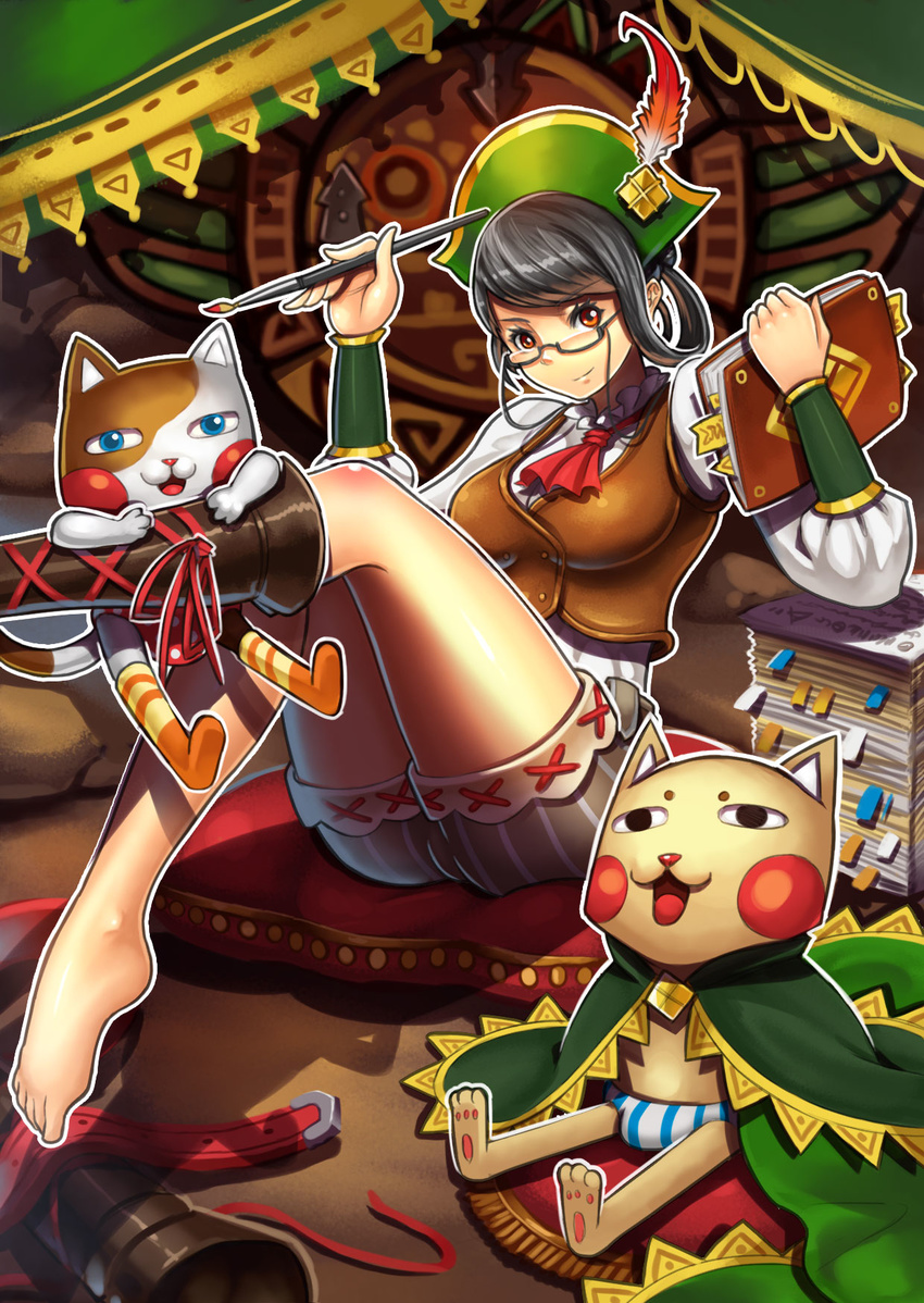 1girl barefoot black_hair blue_eyes book breasts capcom cape feather feathers felyne glasses guildmarm_(monster_hunter) hat indoors large_breasts looking_at_viewer mole_(artist) monster_hunter monster_hunter_4 orange_eyes paintbrush semi-rimless_glasses shoes_removed shorts single_shoe under-rim_glasses