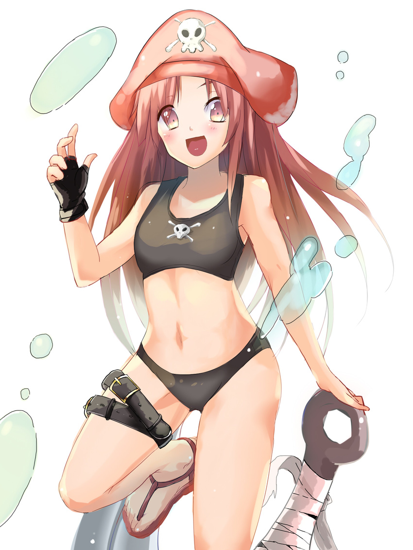 anchor blush breasts brown_eyes brown_hair fingerless_gloves gloves guilty_gear hachimitsu_(honey_xxxx) hat highres may_(guilty_gear) midriff navel open_mouth pink_hat pirate_hat sandals skull_and_crossbones small_breasts solo swimsuit tankini thigh_strap