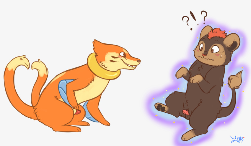 breasts brown_eyes buizel concern duo electrikedeathstrike english_text fur gender_transformation human invalid_tag litleo magic male mammal mischievous nintendo nipples orange_fur paws penis pok&#233;mon pok&eacute;mon pussy shocked surprise tails teats text transformation video_games