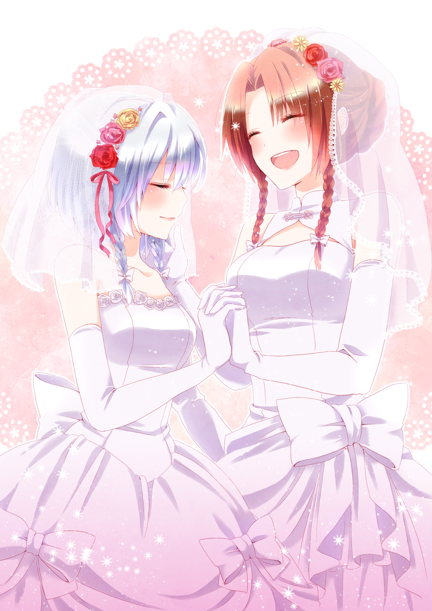 alternate_costume alternate_hairstyle bare_shoulders blush_stickers braid bridal_veil bride chitose_(usacan) closed_eyes commentary_request couple detached_sleeves dress elbow_gloves flower gloves hair_flower hair_ornament hair_ribbon hair_up hand_on_another's_cheek hand_on_another's_face hands_clasped highres hong_meiling interlocked_fingers izayoi_sakuya light_smile lipstick long_hair makeup multiple_girls off_shoulder own_hands_together red_hair ribbon short_hair silver_hair smile touhou tress_ribbon twin_braids veil wedding_dress white_dress wife_and_wife yuri