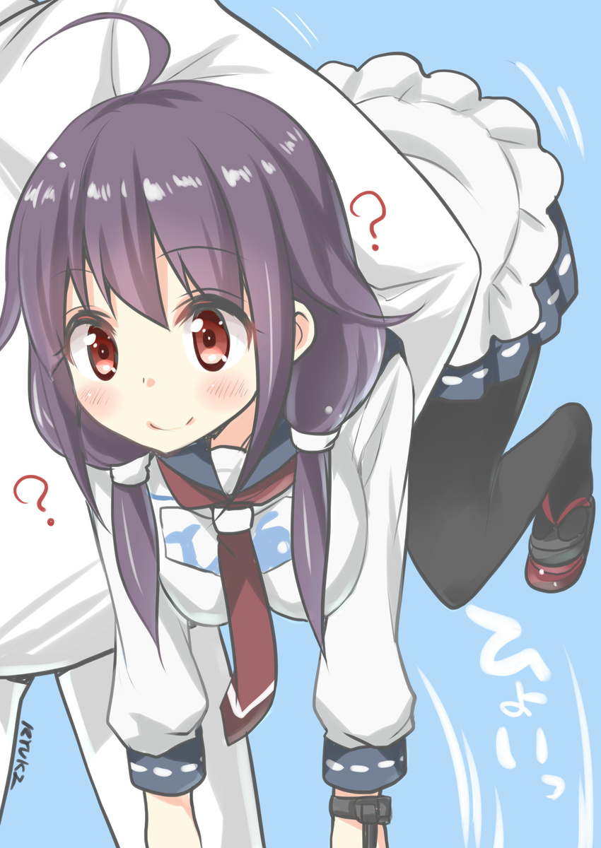 1girl ? absurdres admiral_(kantai_collection) ahoge black_legwear blue_background breasts carrying carrying_under_arm duplicate highres kantai_collection large_breasts long_hair low_twintails neckerchief pantyhose purple_hair red_eyes ryuki_(ryukisukune) sandals school_uniform serafuku signature simple_background skirt smile taigei_(kantai_collection) take_it_home twintails