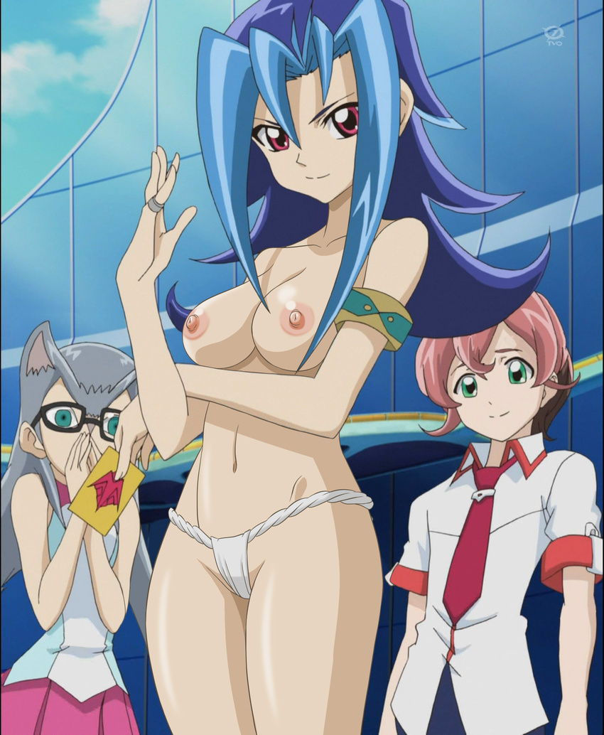 1boy 2girls areolae blue_hair breasts cat_ears cathy_(yuu-gi-ou_zexal) fake_screencap glasses green_eyes grey_hair kamishiro_rio long_hair medium_breasts multiple_girls nipples nude_filter panties photoshop red_eyes smile yu-gi-oh! yuu-gi-ou_zexal