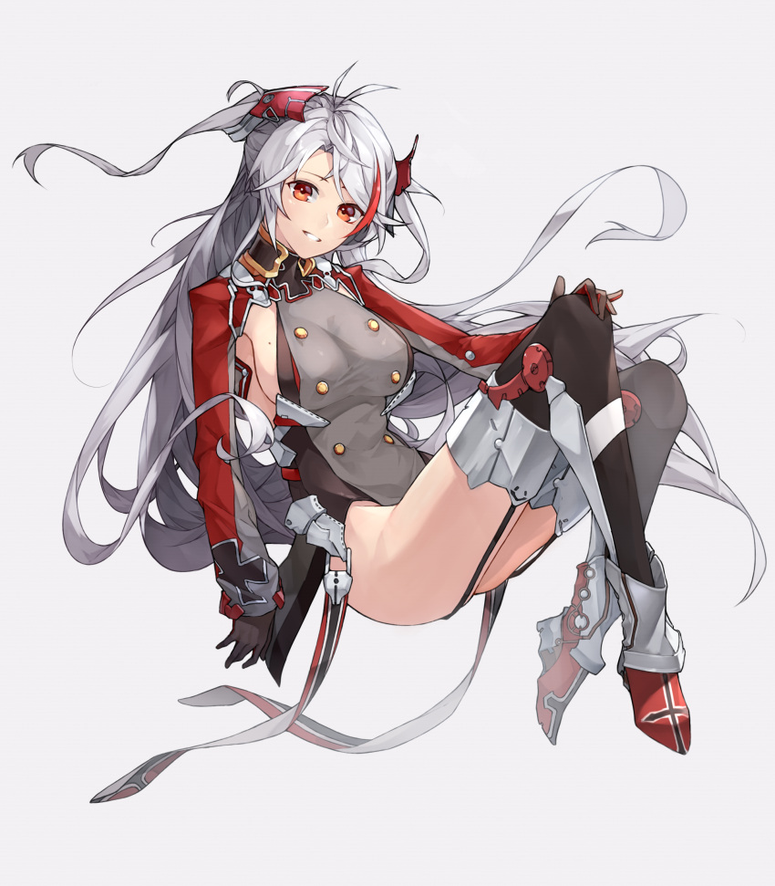 1girl absurdres antenna_hair azur_lane bangs breasts cross cross_earrings earrings eyebrows_visible_through_hair headgear highres iron_cross jewelry mole mole_on_breast multicolored_hair page'as prinz_eugen_(azur_lane) red_hair sideboob silver_hair solo streaked_hair swept_bangs thigh_strap two_side_up
