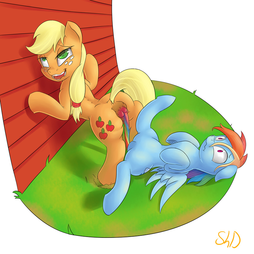 absurd_res anus applejack_(mlp) blonde_hair blue_fur butt cutie_mark duo earth_pony equine female feral freckles friendship_is_magic fur green_eyes hair hi_res horse lesbian lying mammal multi-colored_hair my_little_pony on_back orange_fur outside pegasus pony purple_eyes rainbow_dash_(mlp) rainbow_hair rainbow_tail shdingo wings