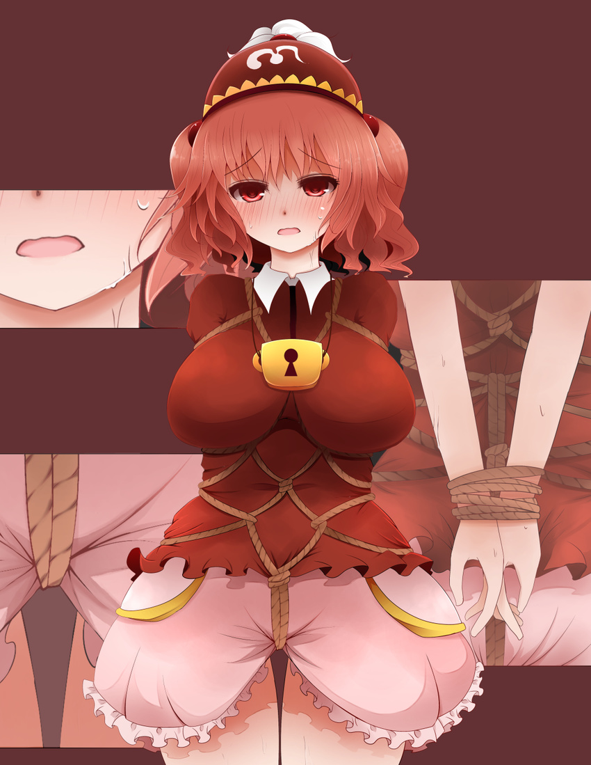arano_oki bdsm between_legs blush bondage bound bound_wrists breasts collared_shirt d: frilled_skirt frills hair_bobbles hair_ornament hat highres kawashiro_mitori large_breasts lock open_mouth original red_eyes red_hair rope shirt short_hair short_twintails skirt skirt_lift solo sweat thigh_gap touhou twintails wavy_mouth
