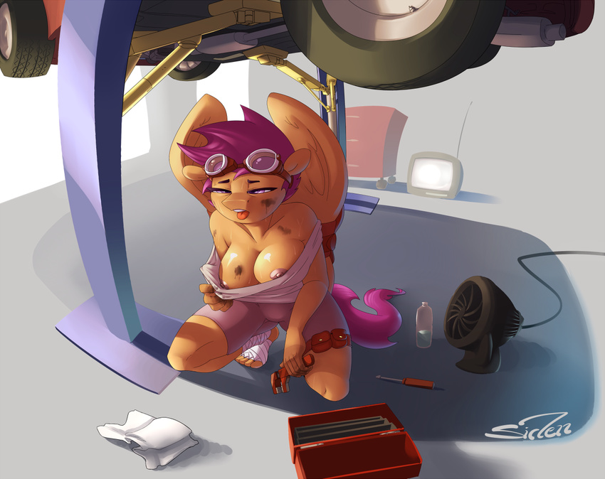 anthro anthrofied bandage bottle breasts car clothed clothing crouching dirty equine eyewear fan female friendship_is_magic goggles hair invalid_tag kneeling mammal my_little_pony nipples oil orange_body pegasus purple_eyes purple_hair rag scootaloo_(mlp) screwdriver screwdriver_(tool) shots siden skimpy solo sweat television tongue toolbox vehicle wings wrench