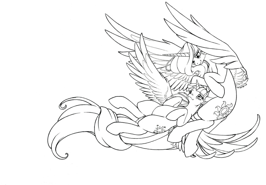 black_and_white cutie_mark duo equine eye_contact female feral friendship_is_magic hair horn horse long_hair longinius mammal monochrome my_little_pony plain_background pony princess_celestia_(mlp) smile twilight_sparkle_(mlp) white_background winged_unicorn wings