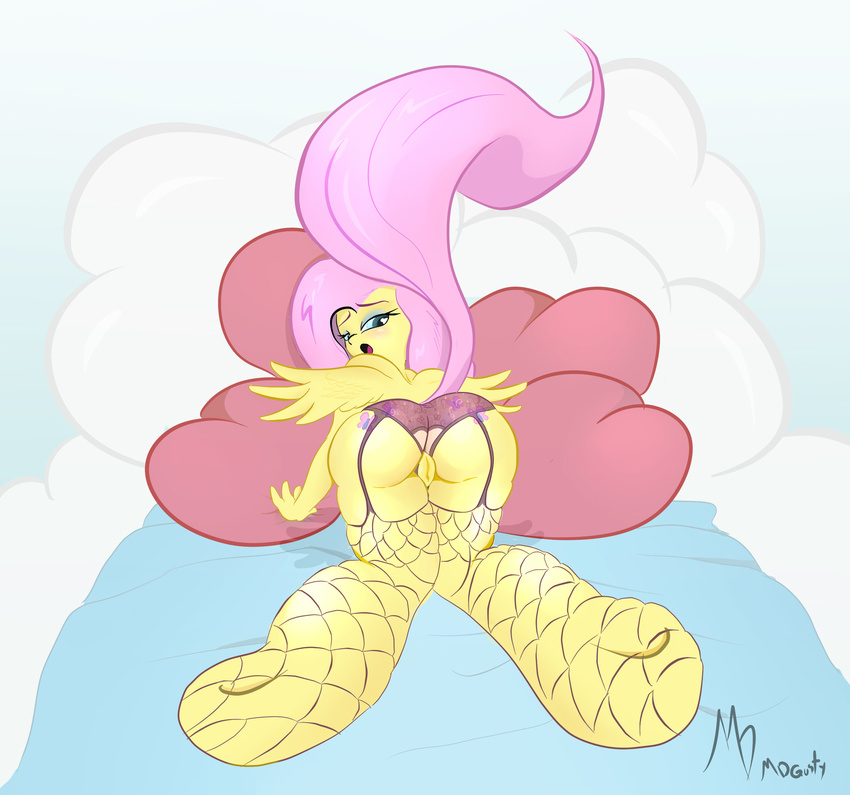 absurd_res back_turned blue_eyes blush cloud cutie_mark equine feathers female fishnet fluttershy_(mlp) friendship_is_magic fur hair hi_res hooves horse legwear long_hair looking_at_viewer looking_back mammal mdgusty my_little_pony on_bed open_mouth panties pegasus pillow pink_hair pony presenting pussy raised_tail solo stockings underwear wings yellow_fur