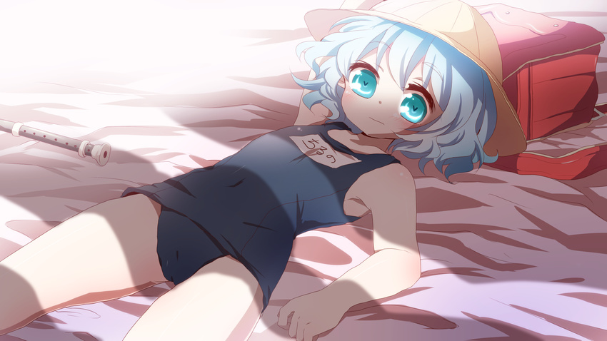 alternate_costume arm_up backpack bad_id bad_pixiv_id bag blue_eyes blue_hair cirno hat highres instrument kuromame_(8gou) looking_at_viewer lying on_back randoseru recorder school_hat school_swimsuit solo swimsuit touhou