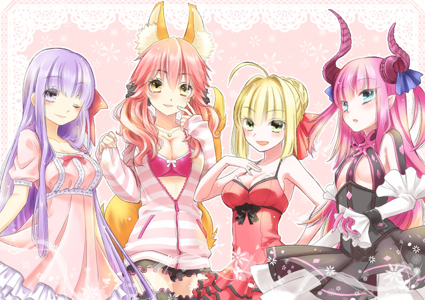 animal_ears blonde_hair blue_eyes breasts casual chachamaru_(youryokuso) cleavage elizabeth_bathory_(fate) elizabeth_bathory_(fate)_(all) fate/extra fate/extra_ccc fate_(series) green_eyes long_hair matou_sakura modern_costume_of_crimson multiple_girls nero_claudius_(fate) nero_claudius_(fate)_(all) pink_hair purple_eyes purple_hair small_breasts tamamo_(fate)_(all) tamamo_no_mae_(fate) twintails yellow_eyes