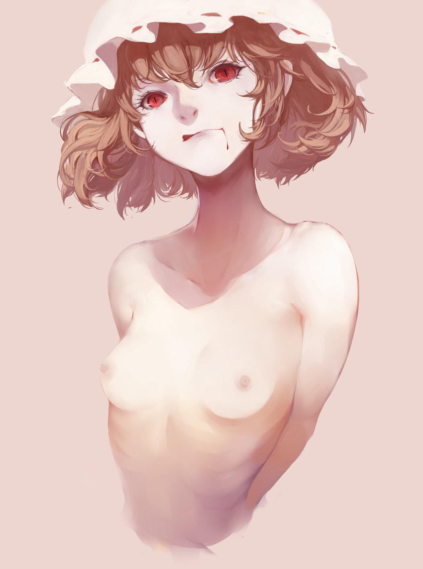absurdres blood blood_on_face breasts brown_hair curly_hair flandre_scarlet hat highres licking_lips nipples nude red_eyes slit_pupils small_breasts sola7764 solo tongue tongue_out touhou upper_body