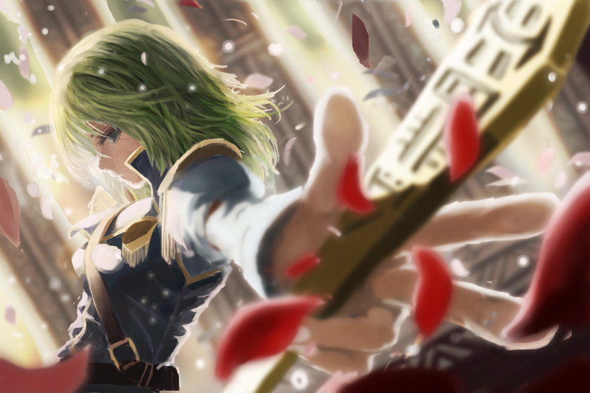 belt blue_eyes blurry depth_of_field expressionless foreshortening from_side green_hair high_collar holding light_particles long_sleeves looking_at_viewer outstretched_arm perspective petals profile rod_of_remorse shiki_eiki shirt sideways_glance solo touhou upper_body urabe_michiru vest