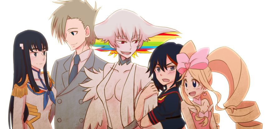 4girls big_hair black_hair blonde_hair blue_eyes bow drill_hair family hair_bow hair_ornament hair_over_one_eye harime_nui junketsu kill_la_kill kiryuuin_ragyou kiryuuin_satsuki kiryuuin_souichirou long_hair matoi_ryuuko mature multicolored_hair multiple_girls no_eyepatch pink_bow rainbow_hair school_uniform senketsu short_hair smile twin_drills twintails two-tone_hair what_if