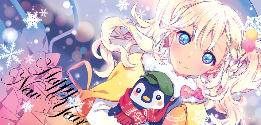 bird bittersweet_(dalcoms) blonde_hair blue_eyes blush capelet hat highres long_hair mittens new_year original penguin ribbon scarf skirt smile snowflakes solo twintails