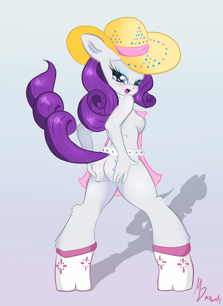 anthro back_turned blue_eyes blush boots breasts cowgirl cutie_mark equine female friendship_is_magic fur hair hat hi_res hooves horn horse looking_at_viewer looking_back mammal mdgusty my_little_pony nipples open_mouth pony presenting raised_tail rarity_(mlp) solo standing unicorn white_fur
