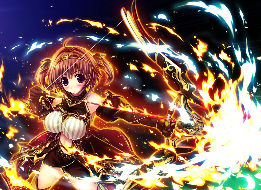 blush bow_(weapon) breasts brown_hair cape elbow_gloves fire gloves headband navel oshiki_hitoshi purple_eyes sakigake_generation short_hair skirt twintails weapon