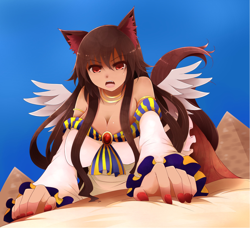 adapted_costume all_fours alternate_skin_color animal_ears arano_oki bare_shoulders bed blue_sky breasts brooch brown_eyes brown_hair cleavage dark_skin day detached_sleeves egypt egyptian egyptian_clothes fang frilled_sleeves frills hanging_breasts imaizumi_kagerou jewelry large_breasts long_hair long_sleeves nail_polish necklace open_mouth pyramid red_nails skirt sky solo sphinx tail tan touhou very_long_hair wings wolf_ears wolf_tail