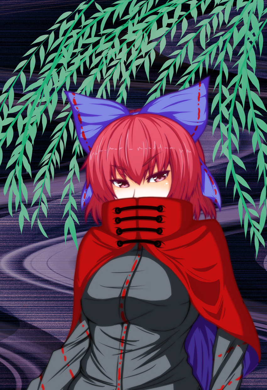bow breasts cape covered_mouth hair_bow hidden_mouth high_collar highres large_breasts looking_at_viewer red_eyes red_hair sekibanki short_hair solo suirennka_(scar_of_mind) touhou tsurime tunic upper_body willow