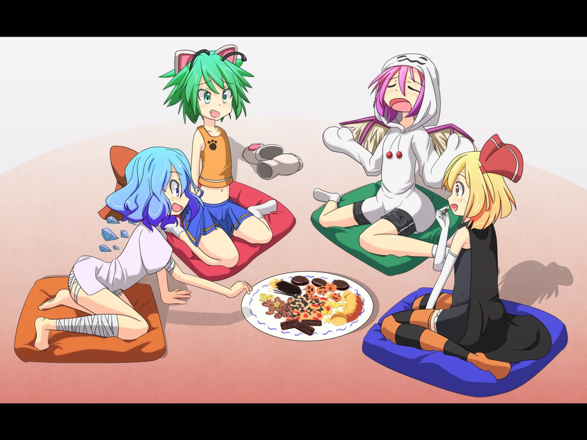 :d animal_ears antennae arm_support bandages barefoot bike_shorts bird_wings blonde_hair blue_eyes blue_hair blush bow candy cape cato_(monocatienus) cirno closed_eyes collarbone cookie dress eating elbow_gloves fang food ghost_costume gloves gloves_removed green_eyes green_hair hair_bow hair_ribbon halloween halloween_costume hood hoodie ice ice_wings jack-o'-lantern letterboxed midriff miniskirt multiple_girls mummy mystia_lorelei navel open_mouth paw_gloves paws pillow plate pocky pumpkin purple_hair reaching red_eyes ribbon rumia shirt short_hair short_sleeves shorts shrug sitting skirt sleeveless sleeveless_shirt sleeves_past_wrists smile socks striped striped_legwear team_9 thighhighs touhou tsurime wariza wings witch wolf_ears wriggle_nightbug