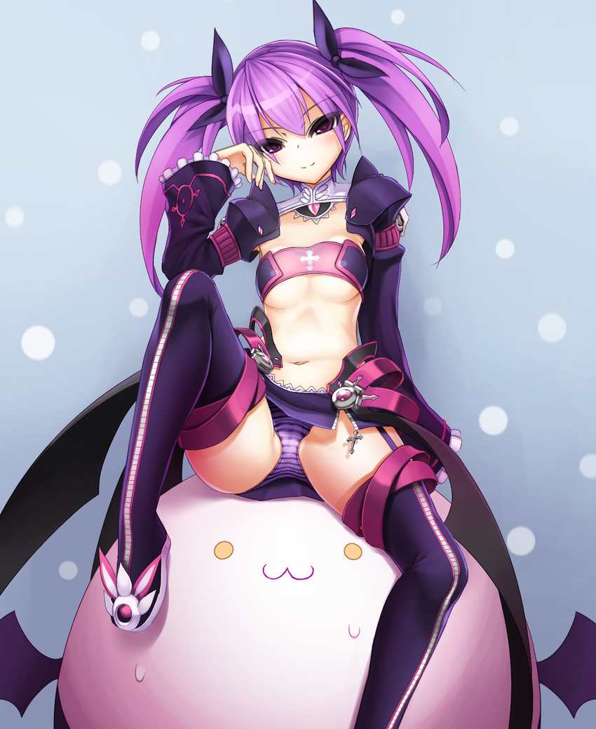 aisha_(elsword) angkor_(elsword) bandeau boots breasts cross dobunezumi elsword highres long_hair medium_breasts panties pantyshot pantyshot_(sitting) purple_eyes purple_footwear purple_hair purple_panties purple_skirt purple_sleeves sitting skirt smile solo strapless striped striped_panties sweatdrop thighhighs twintails underboob underwear void_princess_(elsword)