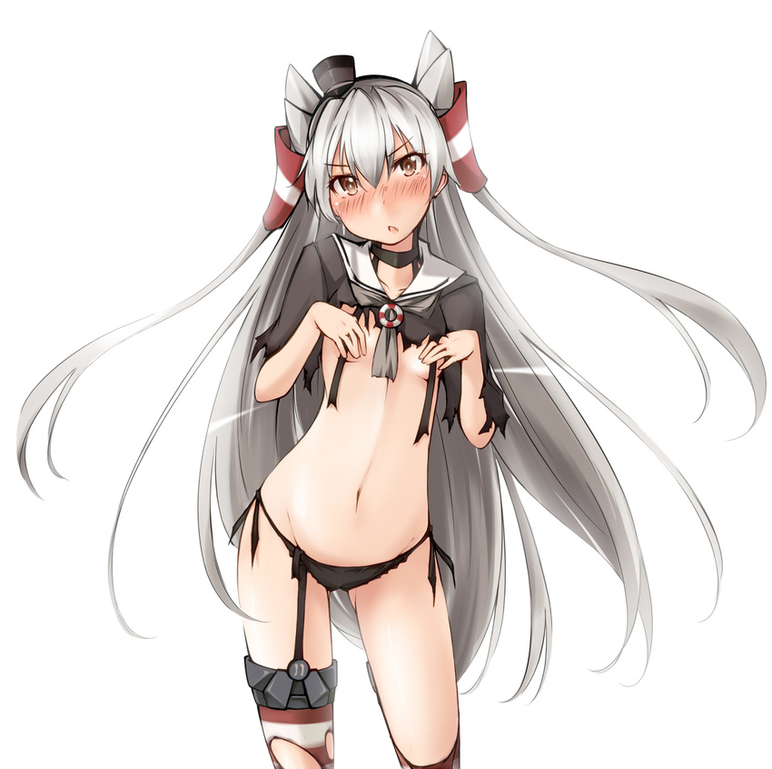 :o amatsukaze_(kantai_collection) black_panties blush breasts brown_eyes censored dress garter_straps hair_tubes highres kaminagi_(kaminagi-tei) kantai_collection long_hair looking_at_viewer panties red_legwear sailor_dress silver_hair simple_background small_breasts solo striped striped_legwear thighhighs torn_clothes torn_dress two_side_up underwear v-shaped_eyebrows white_background