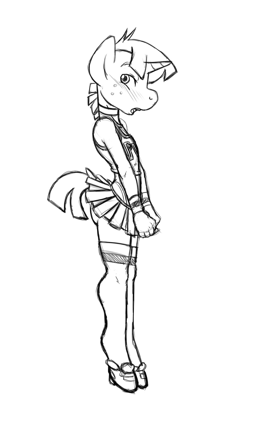 anthro anthrofied black_and_white blush clothing crossdressing equine female freckles friendship_is_magic horn looking_at_viewer male mammal miniskirt monochrome my_little_pony panties plain_background poprocks shoes skirt snips_(mlp) socks solo thong underwear unicorn