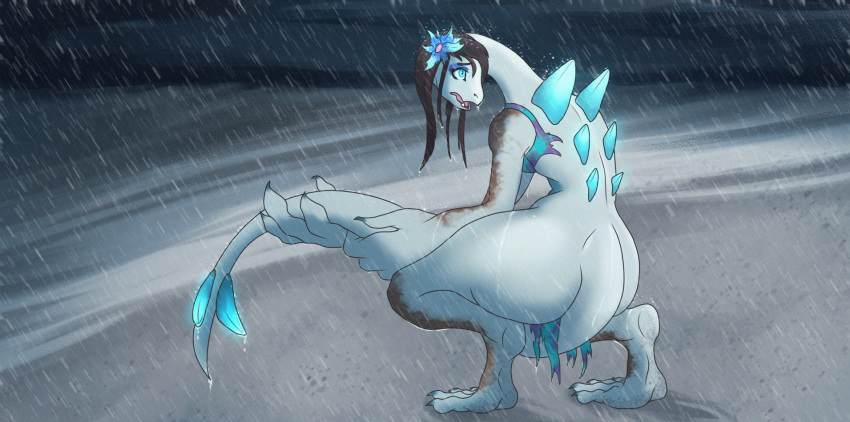 2018 anthro beach big_butt blue_eyes bottomless breasts brown_hair butt clothed clothing female hair kneeling legendary_pok&eacute;mon lugia nintendo open_mouth outside pok&eacute;mon pok&eacute;mon_(species) post_transformation raining sad sand seaside sharkrags solo torn_clothing video_games water