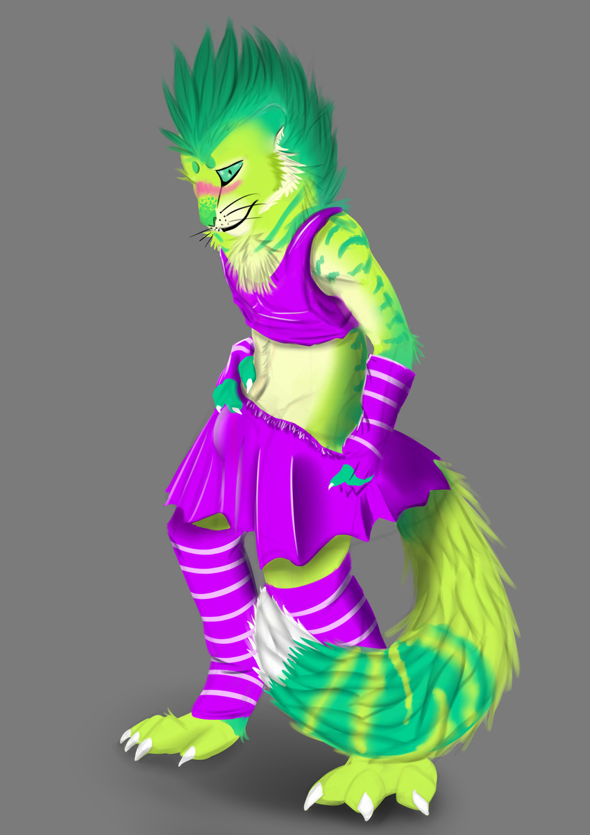 blush bulge crossdressing embarrassed feline fur gay girly green_fur green_hair grey_background hair lion male mammal no-yiff plain_background setesh skueder0 skyeder0 solo standing whiskers