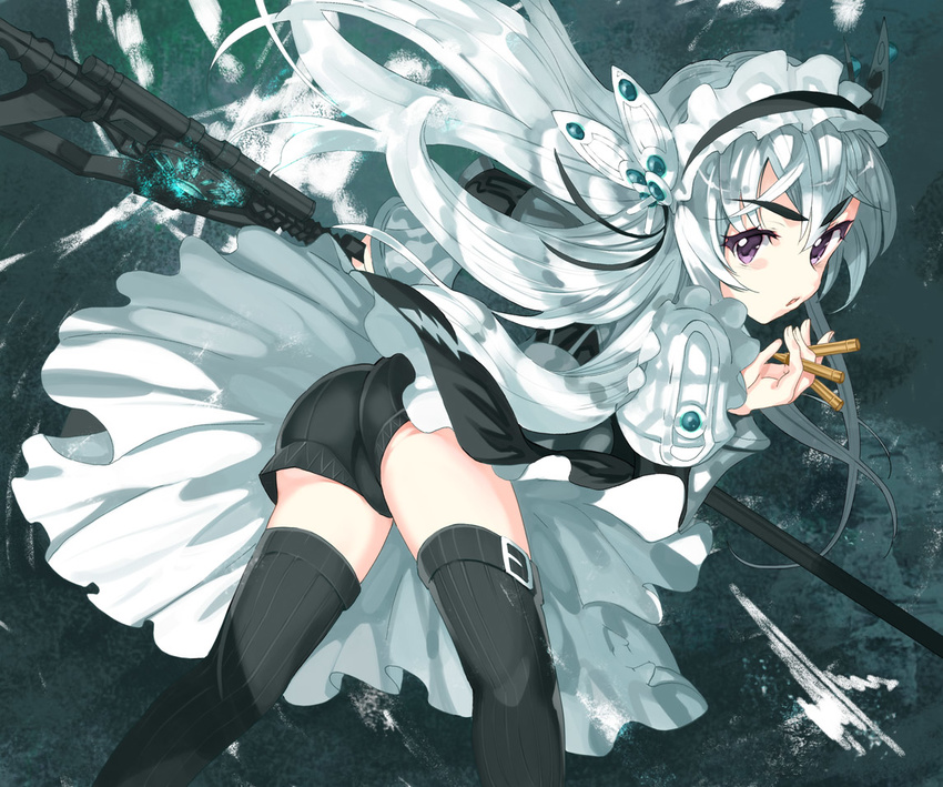 ass butterfly_hair_ornament chaika_trabant dress gun hair_ornament hairband hitsugi_no_chaika lolita_hairband long_hair looking_at_viewer metallican purple_eyes shorts silver_hair solo thighhighs weapon