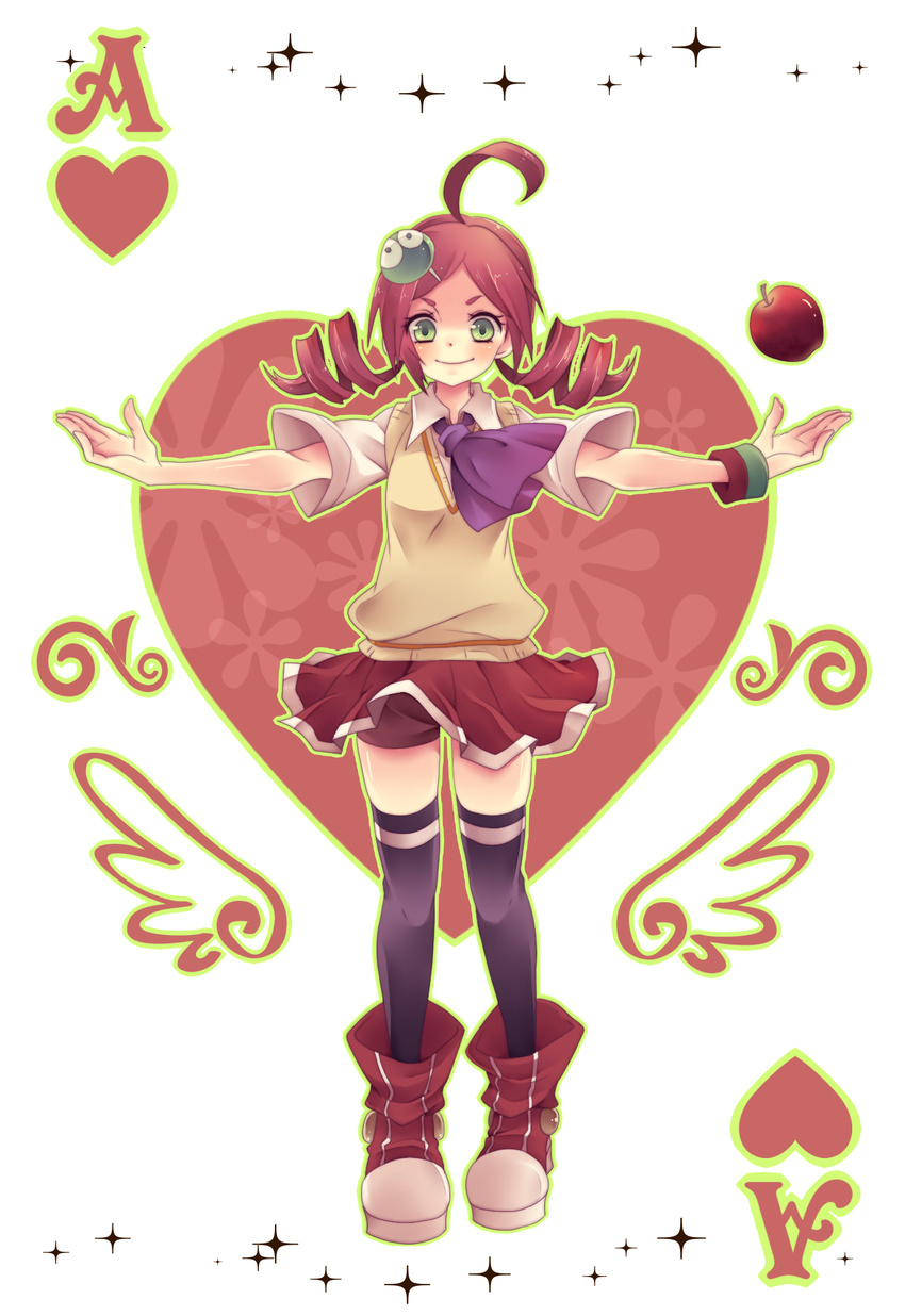 ace ahoge andou_ringo apple black_legwear boooo-im card character_hair_ornament drill_hair food fruit full_body green_eyes hair_ornament heart highres object_namesake outstretched_arms playing_card puyo_(puyopuyo) puyopuyo puyopuyo_7 red_hair red_skirt shoes short_hair shorts shorts_under_skirt skirt smile solo spread_arms standing sweater_vest thighhighs twin_drills twintails zettai_ryouiki