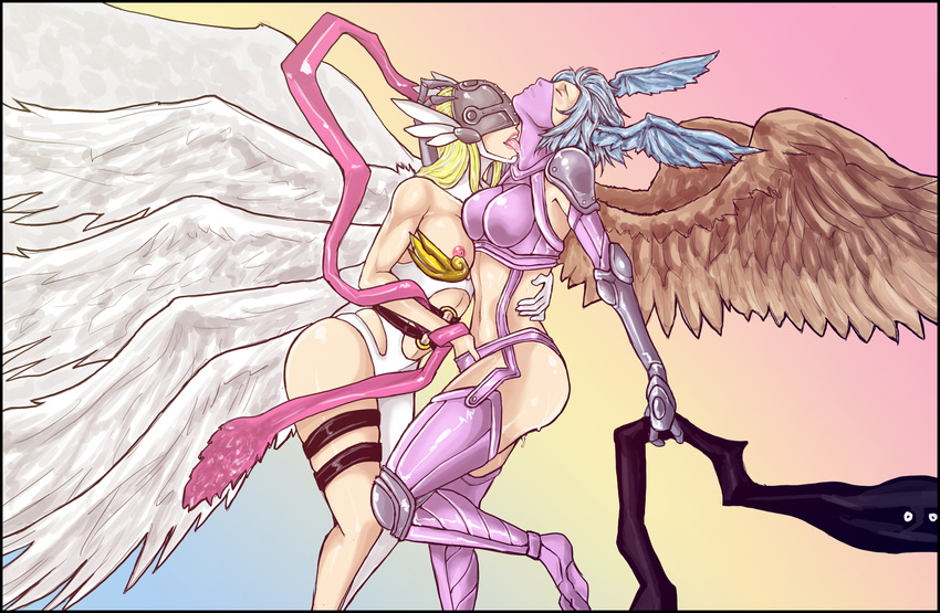 angewomon blonde_hair blue_hair breasts closed_eyes covered_eyes dick_hammersmith digimon digimon_adventure digimon_frontier elbow_gloves feathered_wings fingering gauntlets gloves hand_in_panties head_wings helmet highres large_breasts licking long_hair mask midriff monster_girl multiple_girls multiple_wings navel navel_cutout neck_licking nipple_slip nipples panties pussy_juice revealing_clothes short_hair shutumon stomach thigh_strap thighhighs underwear wince wings yuri