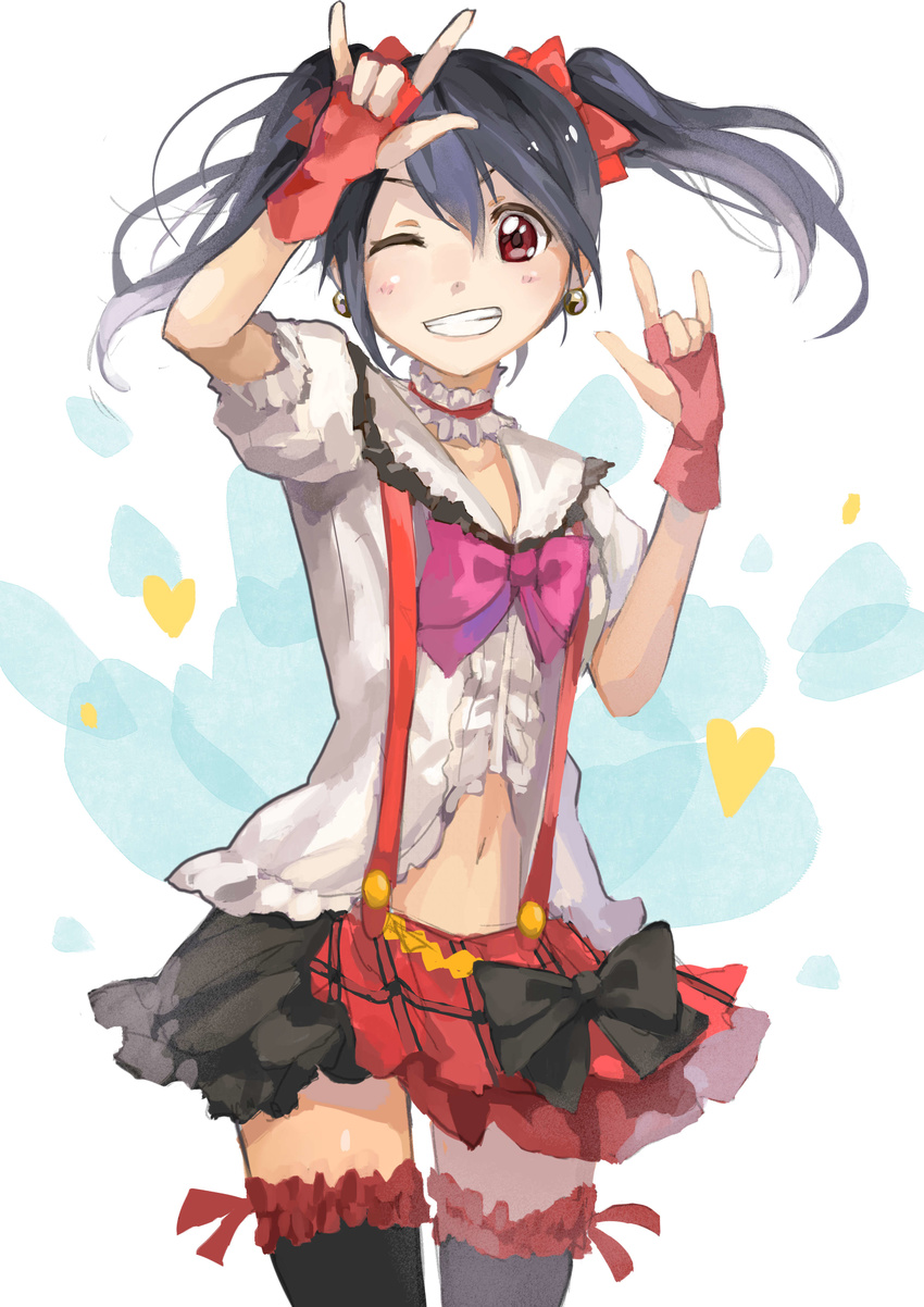 &gt;:) \m/ absurdres black_bow black_hair bokura_wa_ima_no_naka_de bow bowtie choker cowboy_shot double_\m/ earrings fingerless_gloves frilled_choker frilled_shirt_collar frills garters gloves grin hair_bow heart highres jewelry looking_at_viewer love_live! love_live!_school_idol_project multicolored multicolored_clothes multicolored_skirt one_eye_closed pine_(yellowpine112) red_bow red_gloves red_neckwear skirt smile solo suspenders twintails v-shaped_eyebrows yazawa_nico