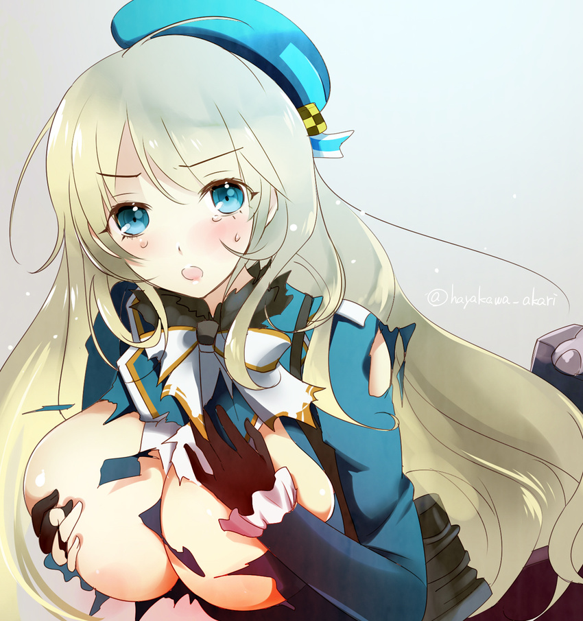 atago_(kantai_collection) blonde_hair blue_eyes blush breasts covering covering_breasts hat hayakawa_akari huge_breasts kantai_collection long_hair looking_at_viewer open_mouth solo torn_clothes