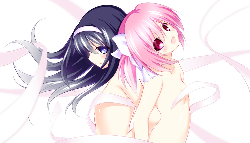 :d akemi_homura back-to-back black_hair breasts hairband highres kaname_madoka lethe-shion long_hair looking_at_viewer mahou_shoujo_madoka_magica md5_mismatch multiple_girls nude open_mouth pink_eyes pink_hair profile purple_eyes ribbon short_hair side_ponytail small_breasts smile yuri