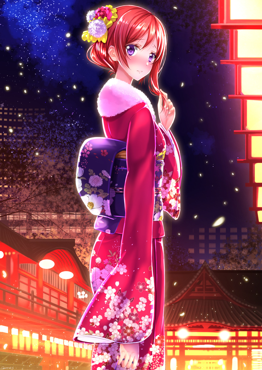 3: alternate_costume architecture blush cherry_blossoms east_asian_architecture embarrassed flower from_behind hair_flower hair_ornament hair_up highres japanese_clothes kimono love_live! love_live!_school_idol_project md5_mismatch night night_sky nishikino_maki playing_with_own_hair purple_eyes red_hair short_hair sky solo standing swordsouls