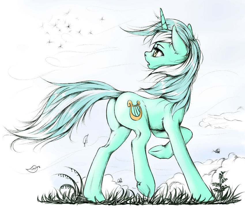 arthropod cloud cutie_mark dandelion equine female flying friendship_is_magic fur grass green_fur green_hair hair horn insect leaf lyra_heartstrings_(mlp) madhotaru mammal my_little_pony one_eye_closed open_mouth outside sky solo standing two_tone_hair unicorn white_hair wink yellow_eyes