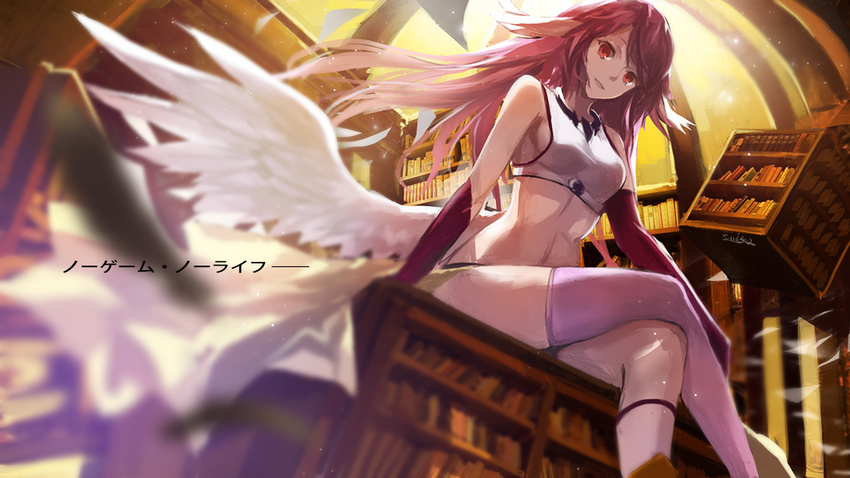 angel_wings bad_id bad_pixiv_id blurry blush book bookshelf breasts copyright_name depth_of_field feathered_wings jibril_(no_game_no_life) library long_hair looking_at_viewer low_wings medium_breasts midriff navel no_game_no_life pink_hair red_eyes shoes sideboob single_shoe sitting sketch smile solo swd3e2 white_wings wings