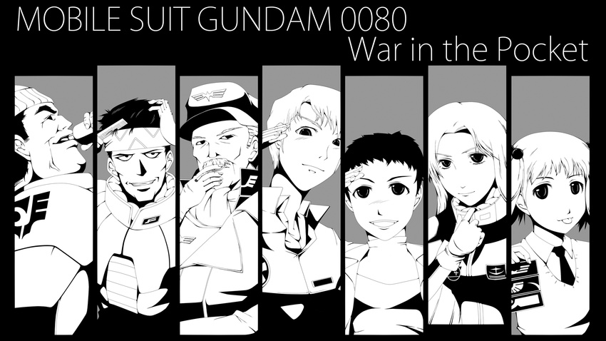 alfred_izuruha bernard_wiseman christina_mackenzie cigarette copyright_name dorothy_(gundam) drink drinking gabriel_garcia gundam gundam_0080 hat headband hunabushi mikhail_kaminsky military military_uniform pilot_suit salute steiner_hardy uniform