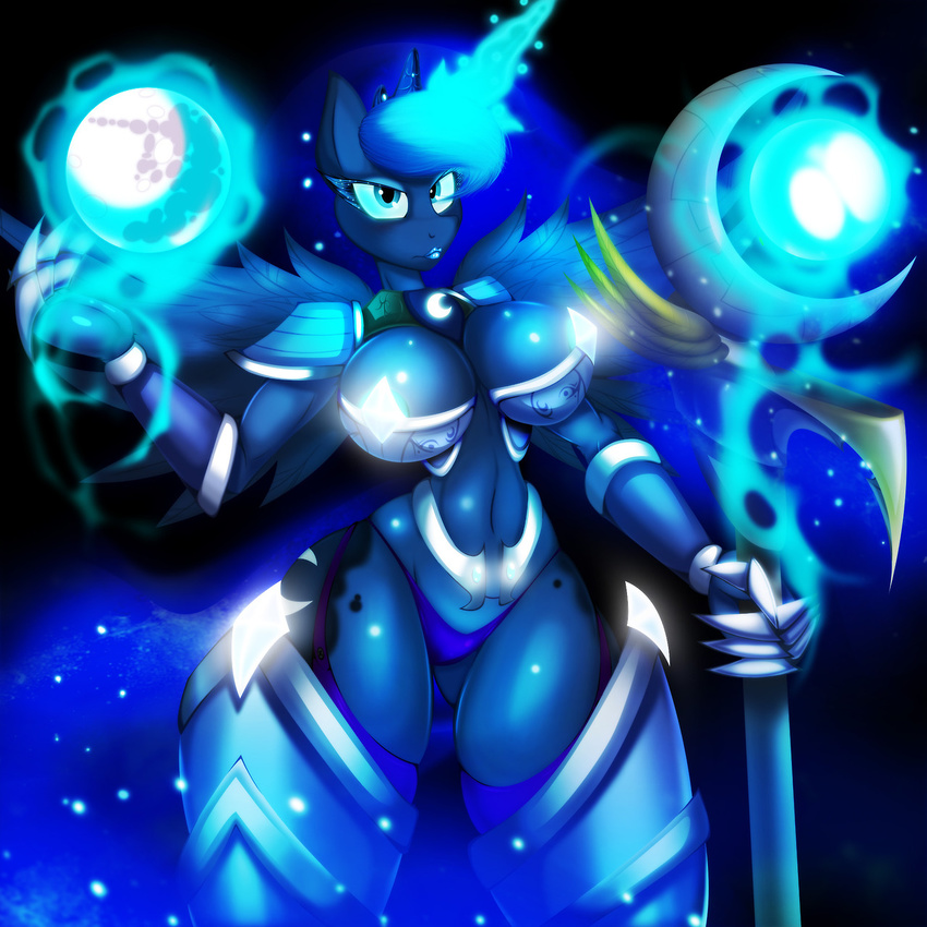 anthro anthrofied armor blue_eyes breasts crown cutie_mark equine eyelashes eyeshadow female friendship_is_magic gauntlets glowing hi_res horn jrvanesbroek lipstick looking_at_viewer magic makeup mammal moon my_little_pony nipples panties polearm princess_luna_(mlp) shiny solo sparkles staff thick_thighs thong unconvincing_armor underwear weapon winged_unicorn wings