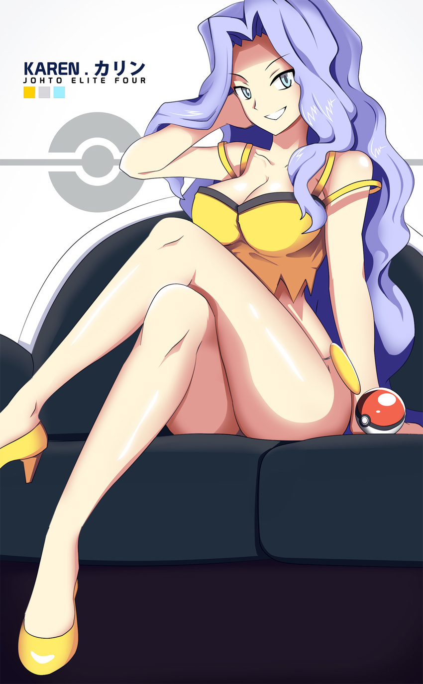 bare_legs bare_shoulders blue_eyes breasts character_name cleavage commentary copyright_name crop_top crossed_legs elite_four english_commentary grin hand_behind_head high_heels highres karin_(pokemon) large_breasts long_hair midriff poke_ball pokemon pokemon_(game) pokemon_hgss purple_hair smile solo vivivoovoo