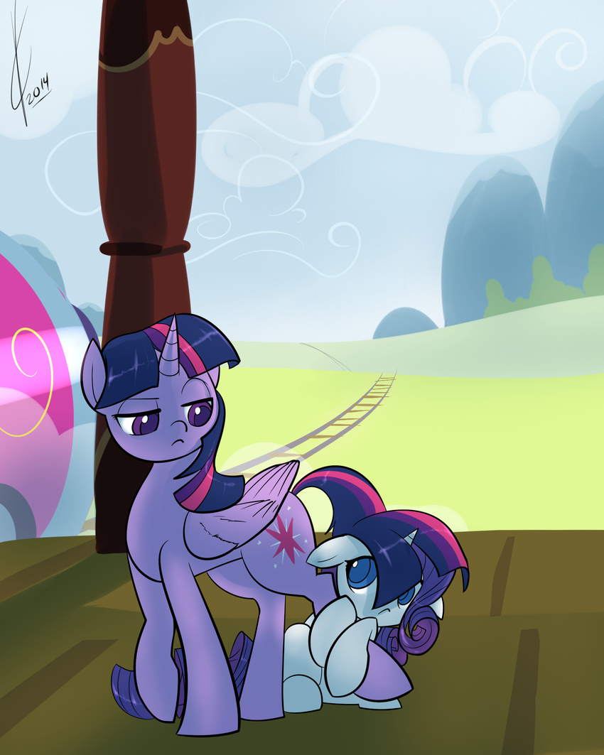 blue_eyes cutie_mark duo equine female friendship_is_magic fur hair hi_res hiding horn mammal my_little_pony purple_eyes purple_fur purple_hair rarity_(mlp) shy train train_tracks twilight_sparkle_(mlp) unicorn valcron white_fur winged_unicorn wings