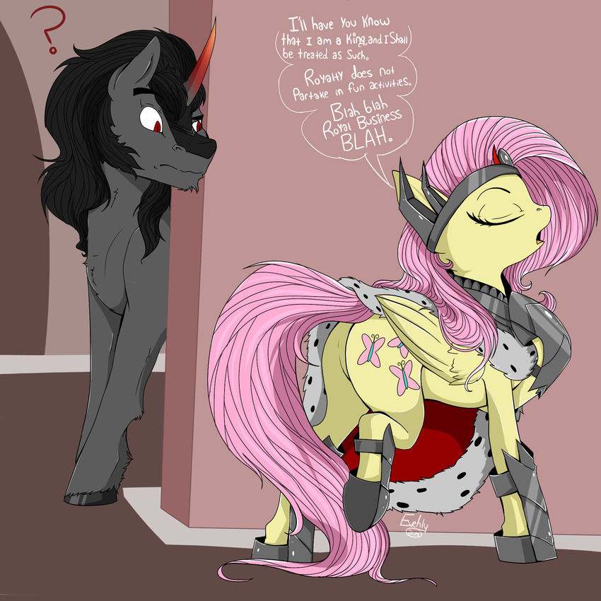 &gt; ? armor black_hair cape crown cutie_mark dialog duo english_text equine evehly eyes_closed female fluttershy_(mlp) friendship_is_magic fur grey_fur hair hi_res hooves horn king_sombra_(mlp) long_hair male mammal my_little_pony open_mouth pegasus pink_hair red_eyes slit_pupils text unicorn wings yellow_fur