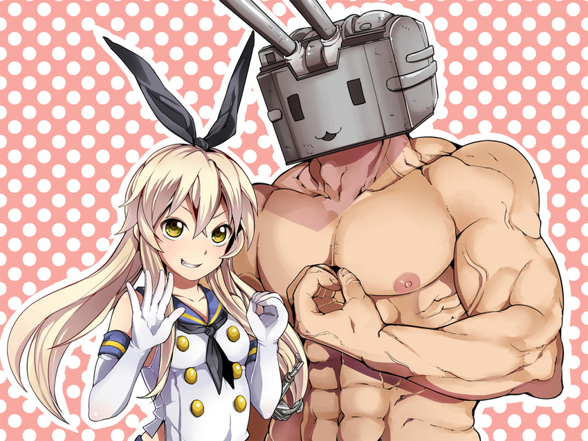 1girl :d abs anchor_hair_ornament blonde_hair blush breasts buttons elbow_gloves gloves grin hair_ornament kantai_collection long_hair looking_at_viewer machinery muscle nipples open_mouth parabora_(nipplemokuba) personification rensouhou-chan robot school_uniform serafuku shimakaze_(kantai_collection) shirt sleeveless sleeveless_shirt small_breasts smile teeth turret upper_body veins very_long_hair white_gloves white_shirt yellow_eyes
