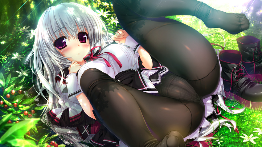 blush cameltoe grass highres kaido_ririko knees_on_chest long_hair looking_at_viewer lying no_shoes on_back oshiki_hitoshi red_eyes sakigake_generation! shoes_removed skirt solo spread_legs white_hair wrist_cuffs