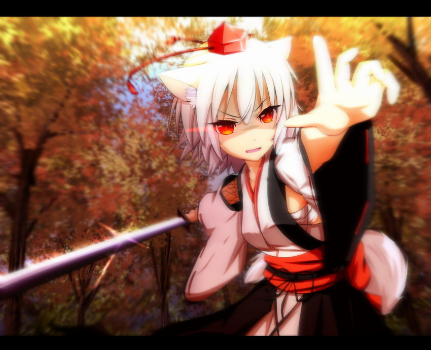 animal_ears cuon_(kuon) detached_sleeves hat inubashiri_momiji motion_blur open_mouth red_eyes short_hair solo sword tail tokin_hat touhou tree weapon white_hair wolf_ears wolf_tail