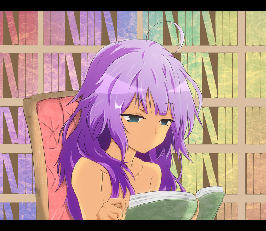 book bookshelf chair gradient gradient_background hikikomori key_(a30013001) long_hair messy_hair nude patchouli_knowledge purple_eyes purple_hair reading sitting solo touhou upper_body