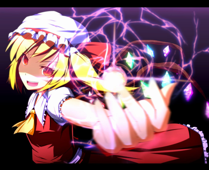 blonde_hair cuon_(kuon) flandre_scarlet gradient gradient_background hat open_mouth outstretched_arm red_eyes ribbon short_hair side_ponytail slit_pupils smile solo touhou wings