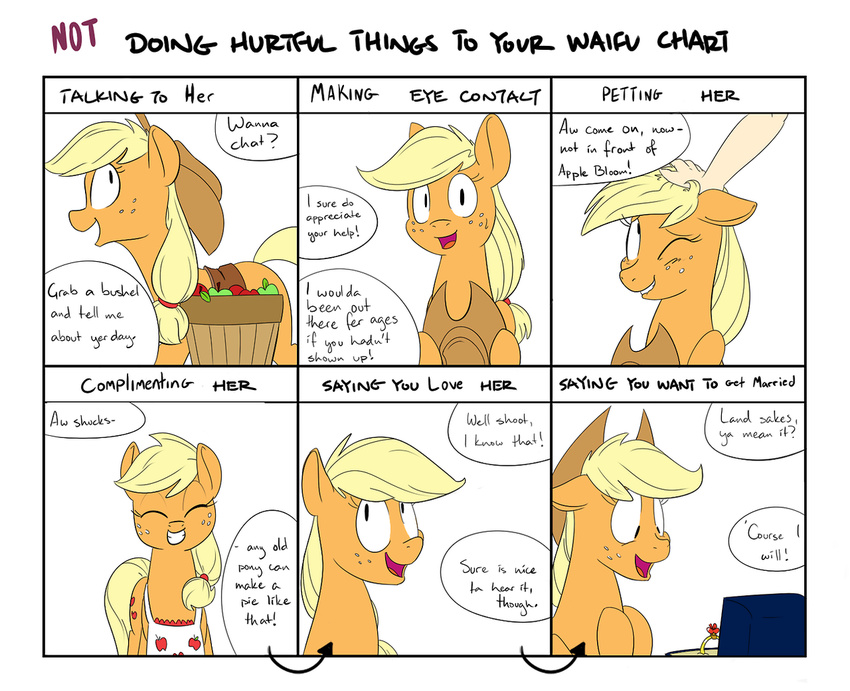 applejack_(mlp) apron blonde_hair cowboy_hat dialog earth_pony english_text equine eyes_closed female feral freckles friendship_is_magic fruit fur hair happy hat horse mammal my_little_pony one_eye_closed open_mouth orange_fur pony ring solo speech_balloon teeth text unknown_artist wink
